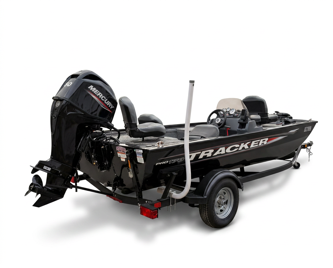 Rear three-quarter view showing the Mercury 50 HP outboard, transom, hull, and trailer.