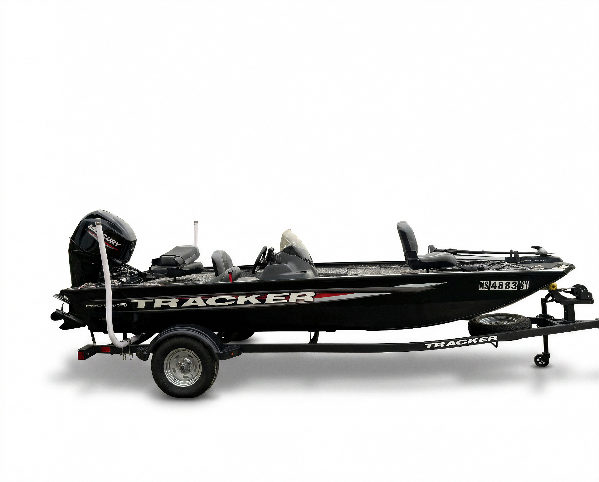 Full side profile of the 2025 Tracker Pro 170 with the complete boat, Mercury outboard, and matching trailer visible.