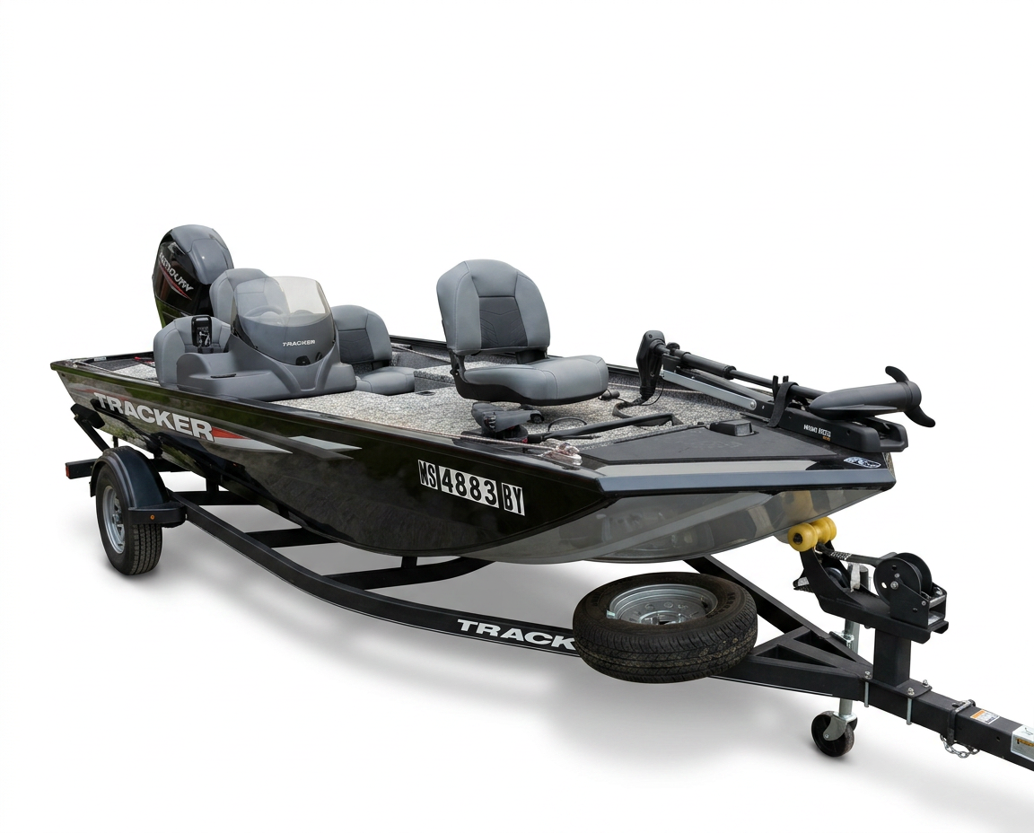 Opposite front three-quarter exterior view of the Tracker Pro 170 and matching trailer.