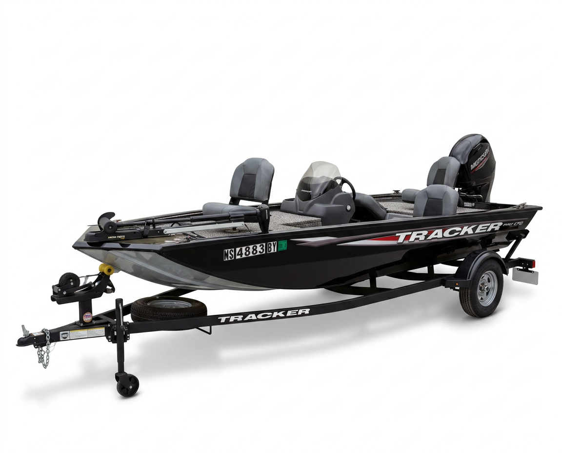 Full exterior three-quarter view of the Tracker Pro 170 with the bow, seating, motor, and trailer visible.