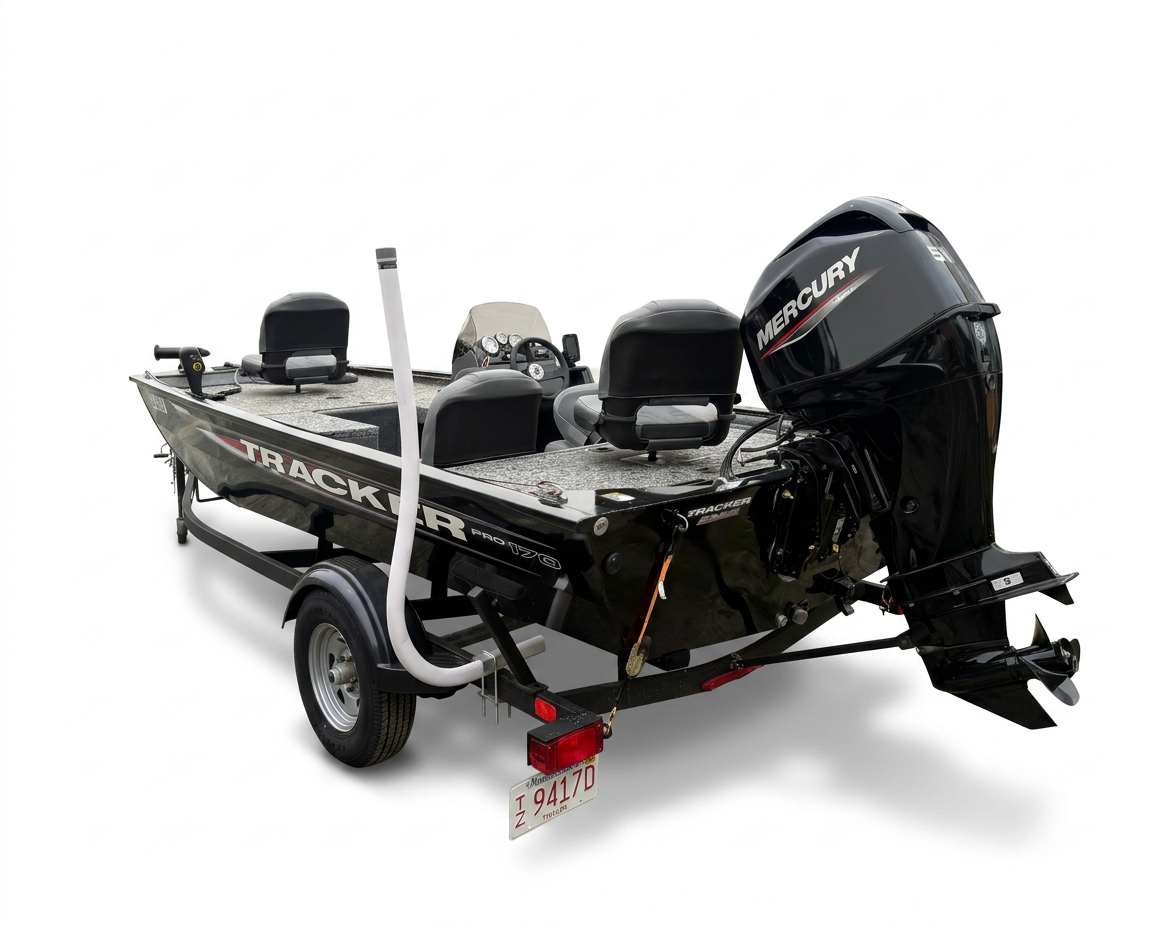 Rear three-quarter view showing the Tracker Pro 170 transom, Mercury 50 HP outboard, cockpit, hull, and trailer.
