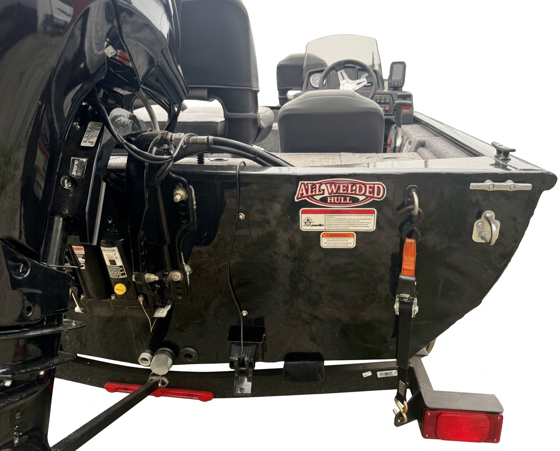Close-up of the Tracker Pro 170 transom, Mercury outboard mounting hardware, tie-down strap, and trailer lighting.