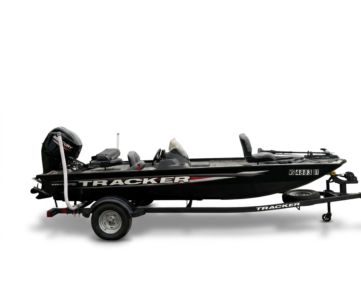 Full side profile of the 2025 Tracker Pro 170 with the Mercury outboard and matching trailer.