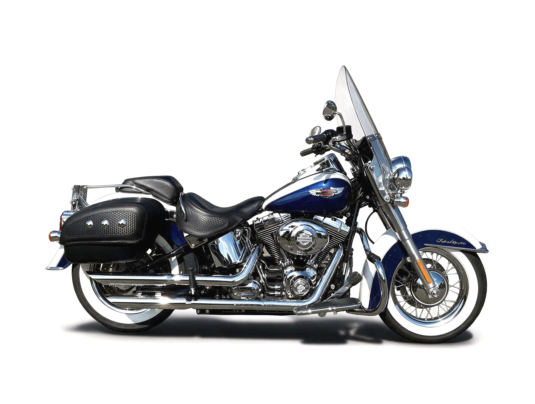 2007 Harley-Davidson Softail Deluxe in cobalt blue and white shown in a straight full side profile with the front wheel and handlebars aligned forward, windshield, saddlebags, chrome exhaust, and whitewall tires.