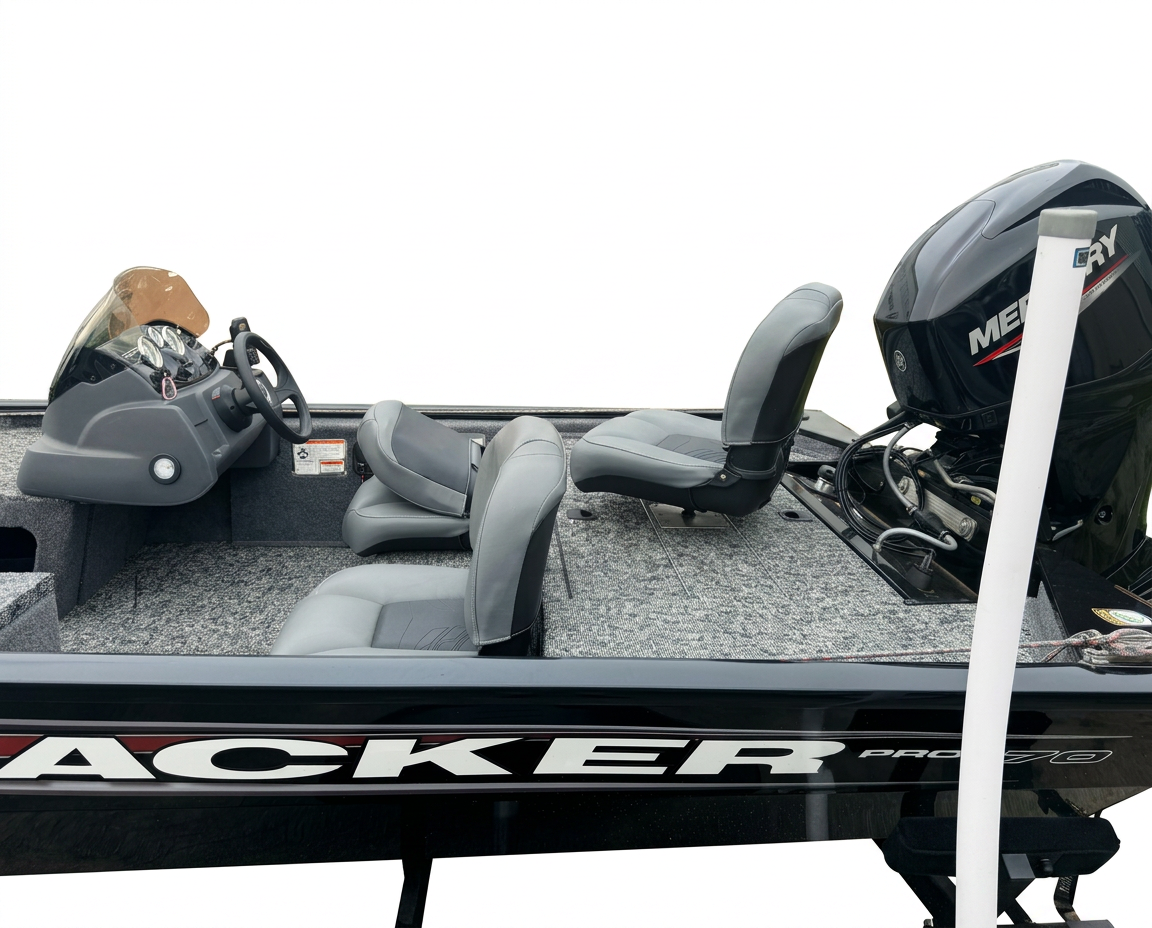 Side interior view showing the rear fishing deck, passenger seating, helm console, and Mercury outboard.