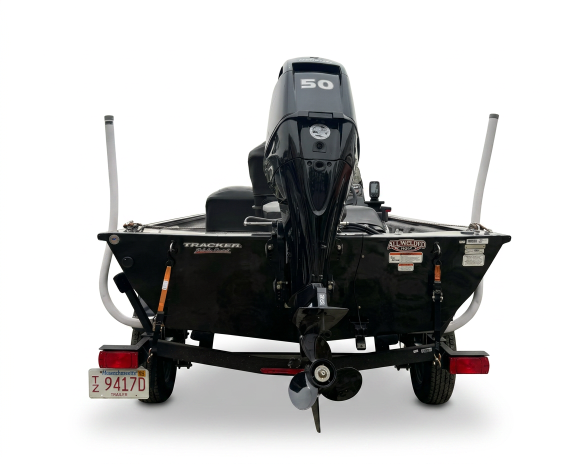 Straight rear view of the Tracker Pro 170 showing the Mercury 50 HP outboard, transom, propeller, tie-downs, and trailer.