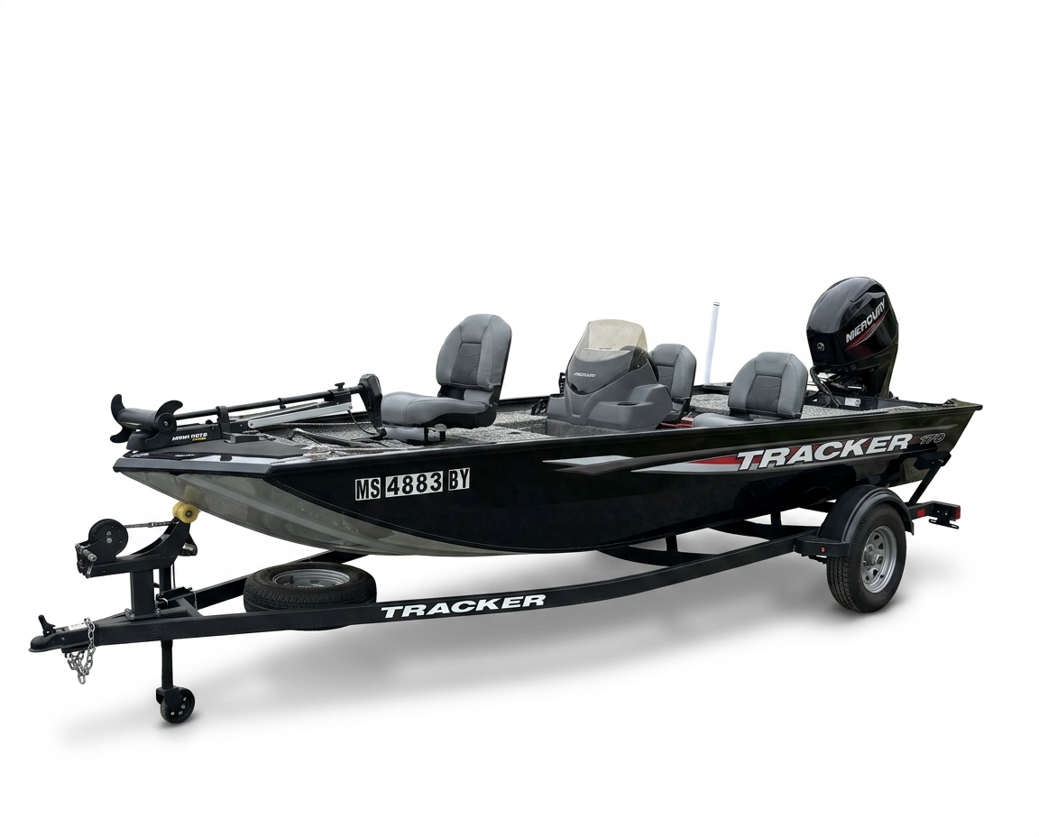 Opposite exterior three-quarter view showing the Tracker Pro 170 hull, deck, Mercury outboard, and trailer.