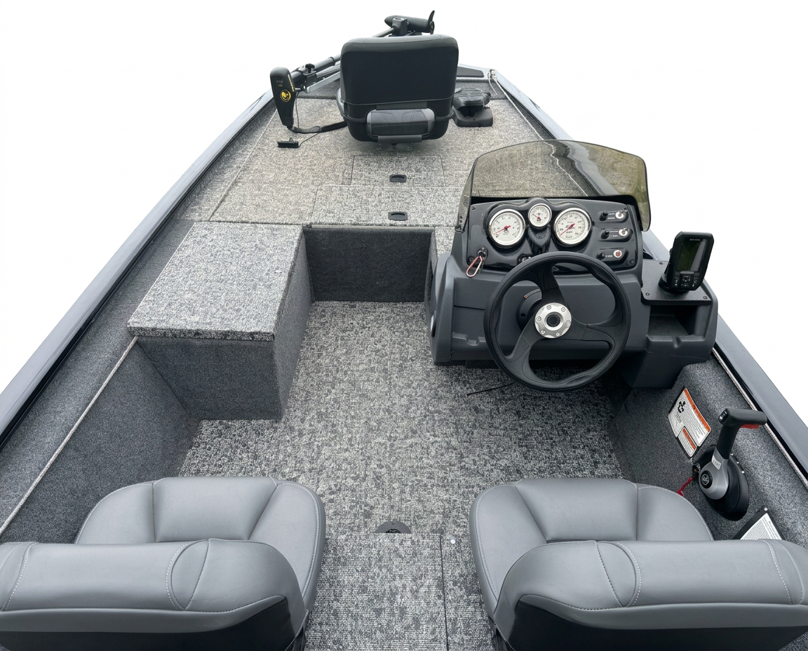Elevated cockpit view showing the Tracker helm, steering wheel, gauges, fishfinder, throttle, seating, floor, and forward deck.