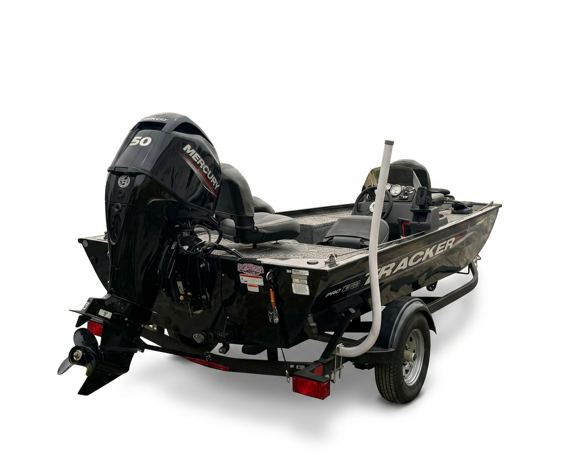 Rear three-quarter view of the Tracker Pro 170 showing the transom, Mercury outboard, propeller, and trailer.