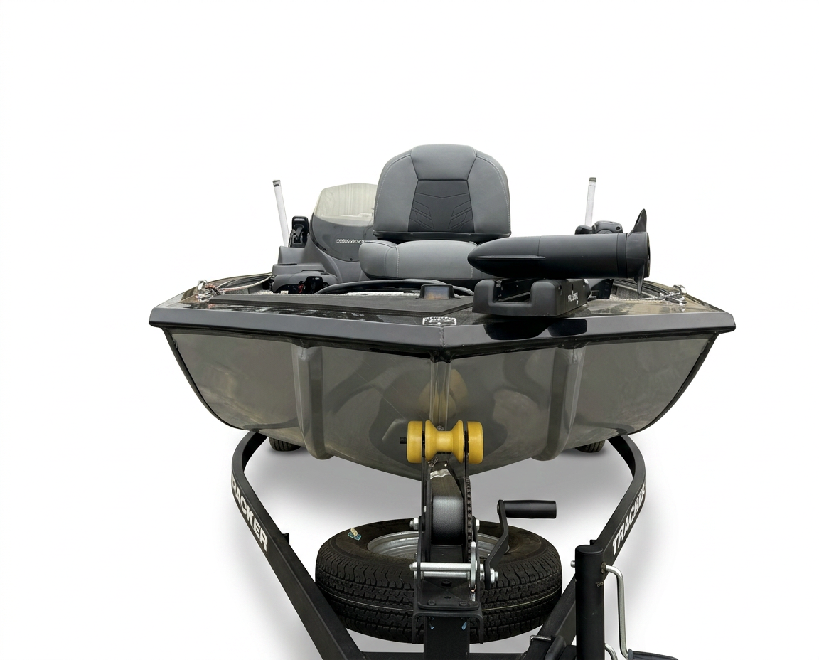 Head-on bow view of the Tracker Pro 170 with the trailer winch and spare tire visible.
