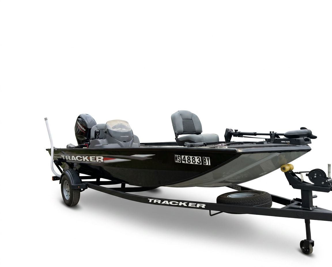 Exterior three-quarter profile of the Tracker Pro 170 with the boat, trailer, seating, and Mercury outboard visible.